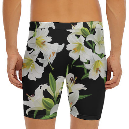 White Lily Print Men's Long Boxer Briefs
