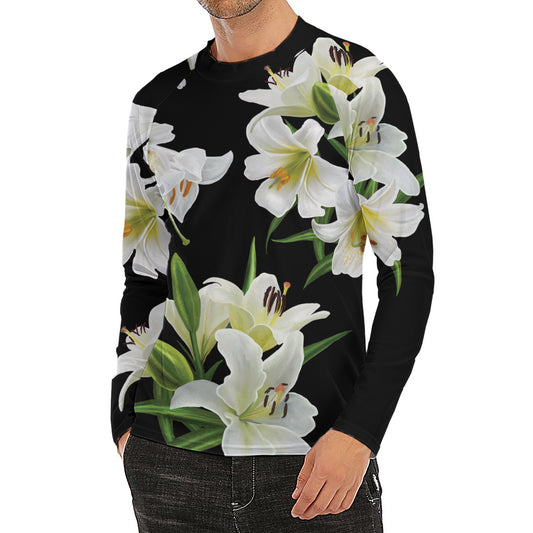 White Lily Print Men's Long Sleeve Rash Guard