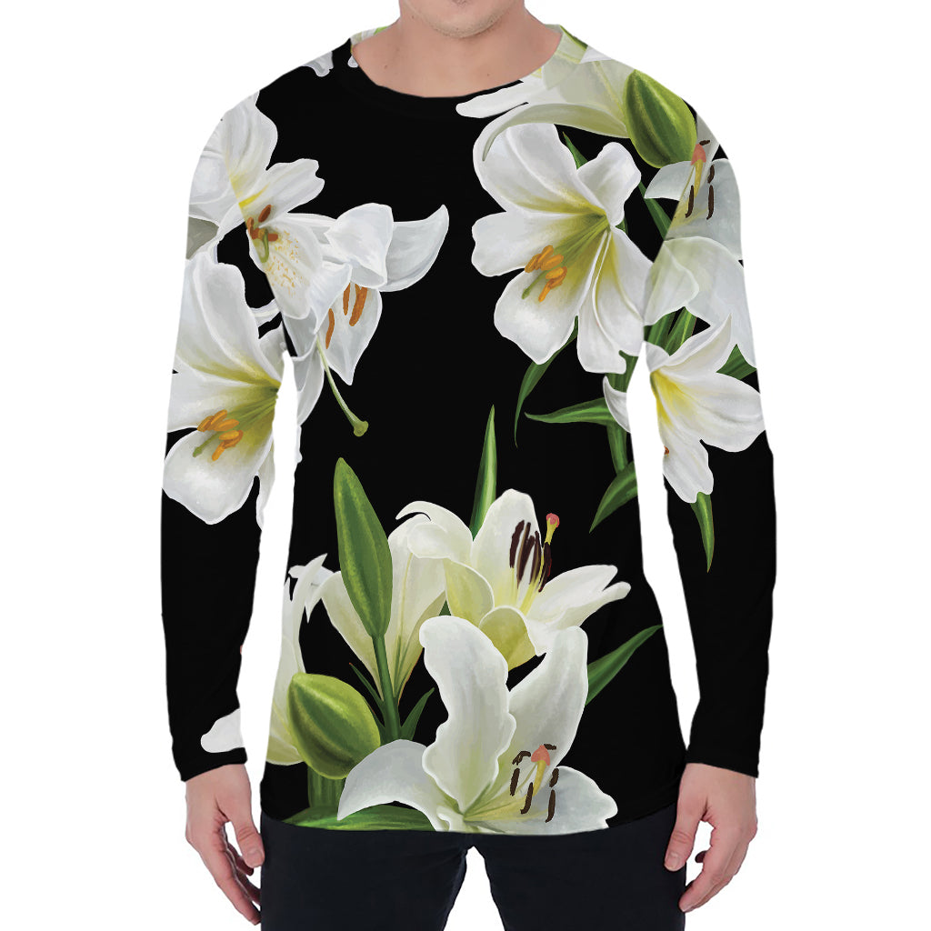 White Lily Print Men's Long Sleeve T-Shirt
