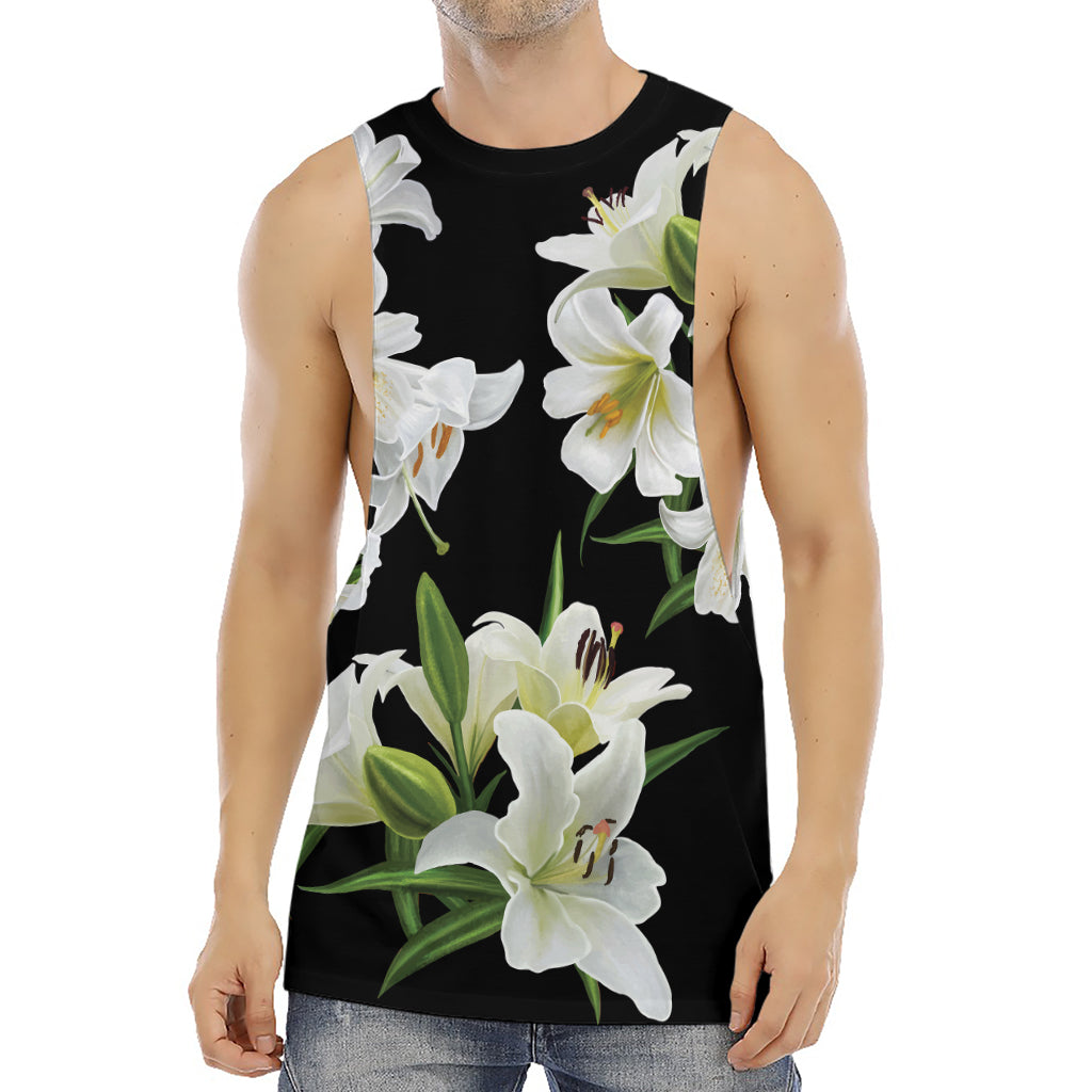 White Lily Print Men's Muscle Tank Top