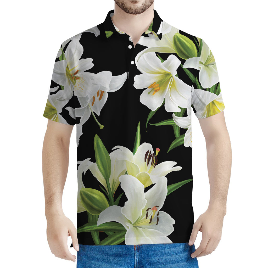 White Lily Print Men's Polo Shirt