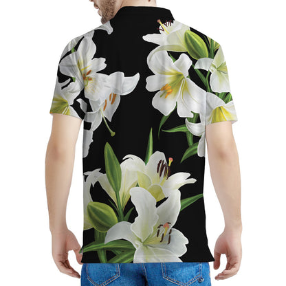 White Lily Print Men's Polo Shirt