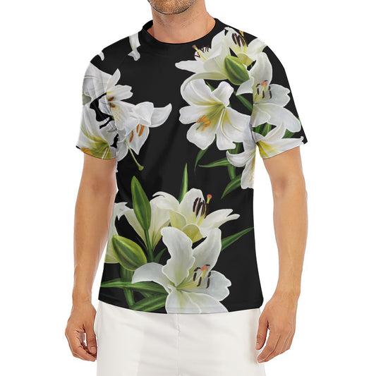 White Lily Print Men's Short Sleeve Rash Guard