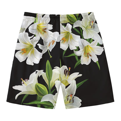 White Lily Print Men's Swim Trunks