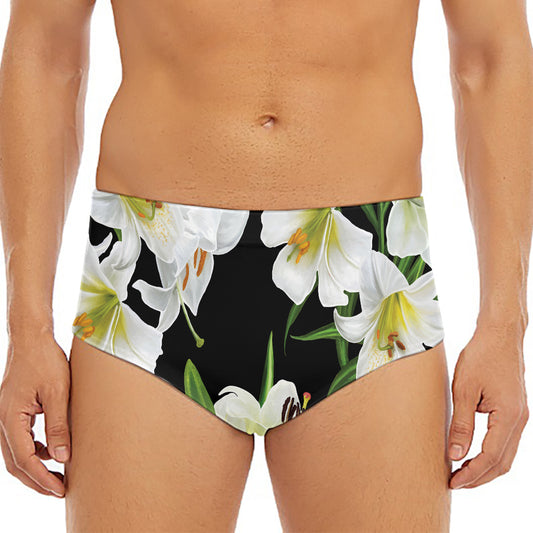 White Lily Print Men's Triangle Swim Briefs