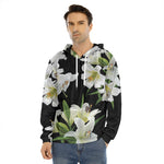 White Lily Print Men's Velvet Pullover Hoodie