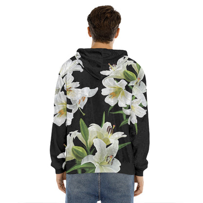 White Lily Print Men's Velvet Pullover Hoodie