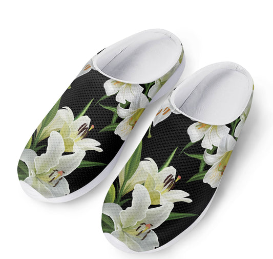 White Lily Print Mesh Casual Shoes