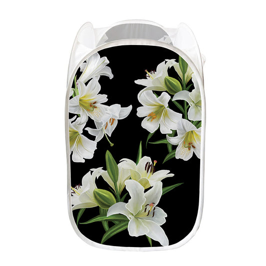 White Lily Print Mesh Laundry Hamper