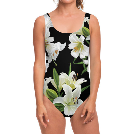 White Lily Print One Piece Swimsuit