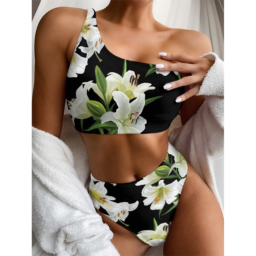 White Lily Print One Shoulder Bikini Top