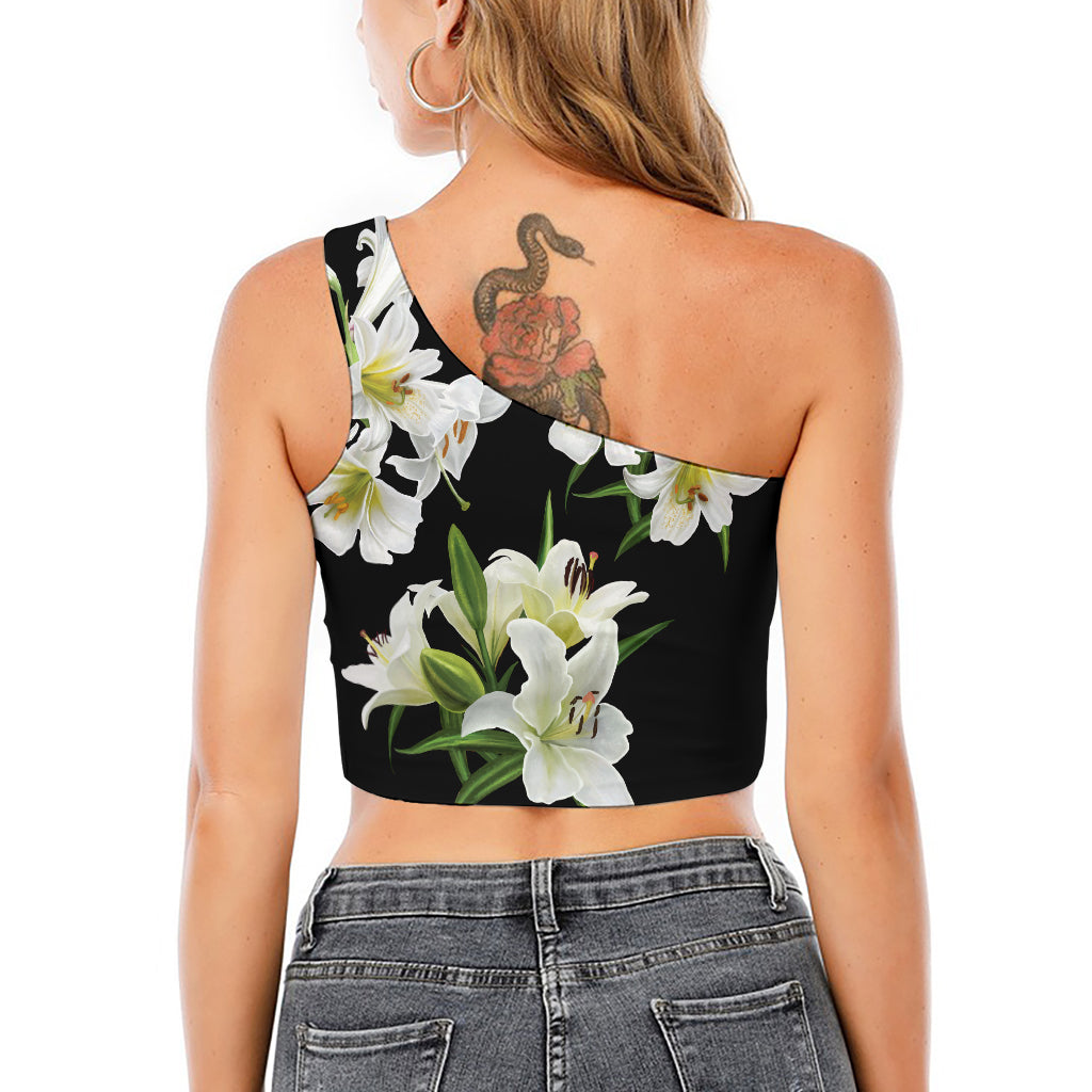 White Lily Print One Shoulder Crop Top