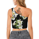 White Lily Print One Shoulder Crop Top