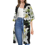White Lily Print Open Front Beach Cover Up