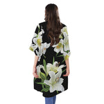 White Lily Print Open Front Beach Cover Up
