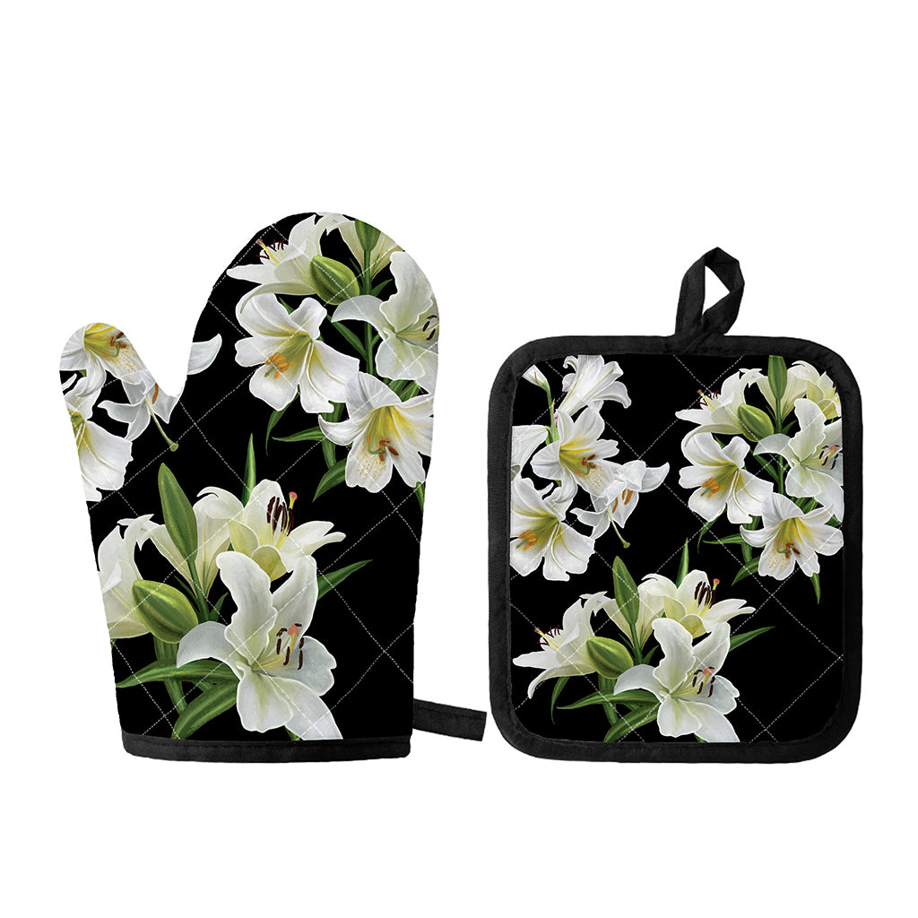 White Lily Print Oven Mitt And Pot Holder Set