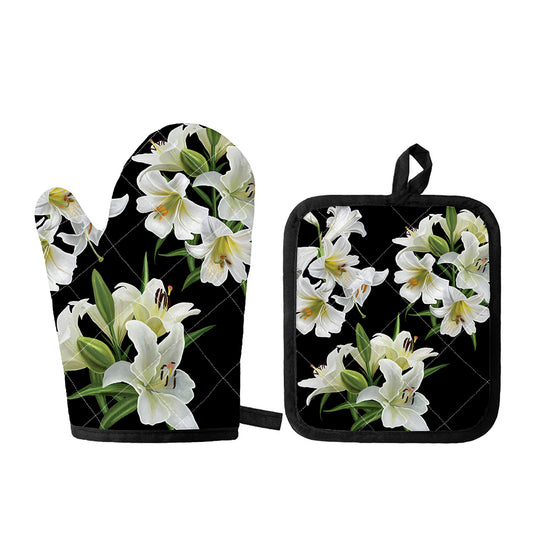 White Lily Print Oven Mitt And Pot Holder Set