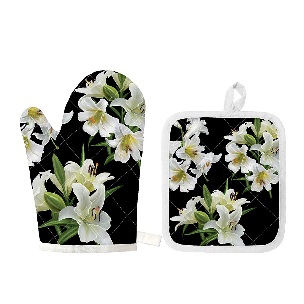 White Lily Print Oven Mitt And Pot Holder Set