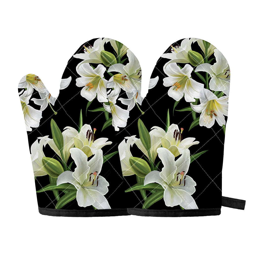 White Lily Print Oven Mitts