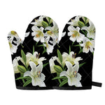 White Lily Print Oven Mitts