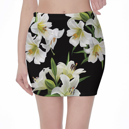White Lily Print Pencil Mini Skirt