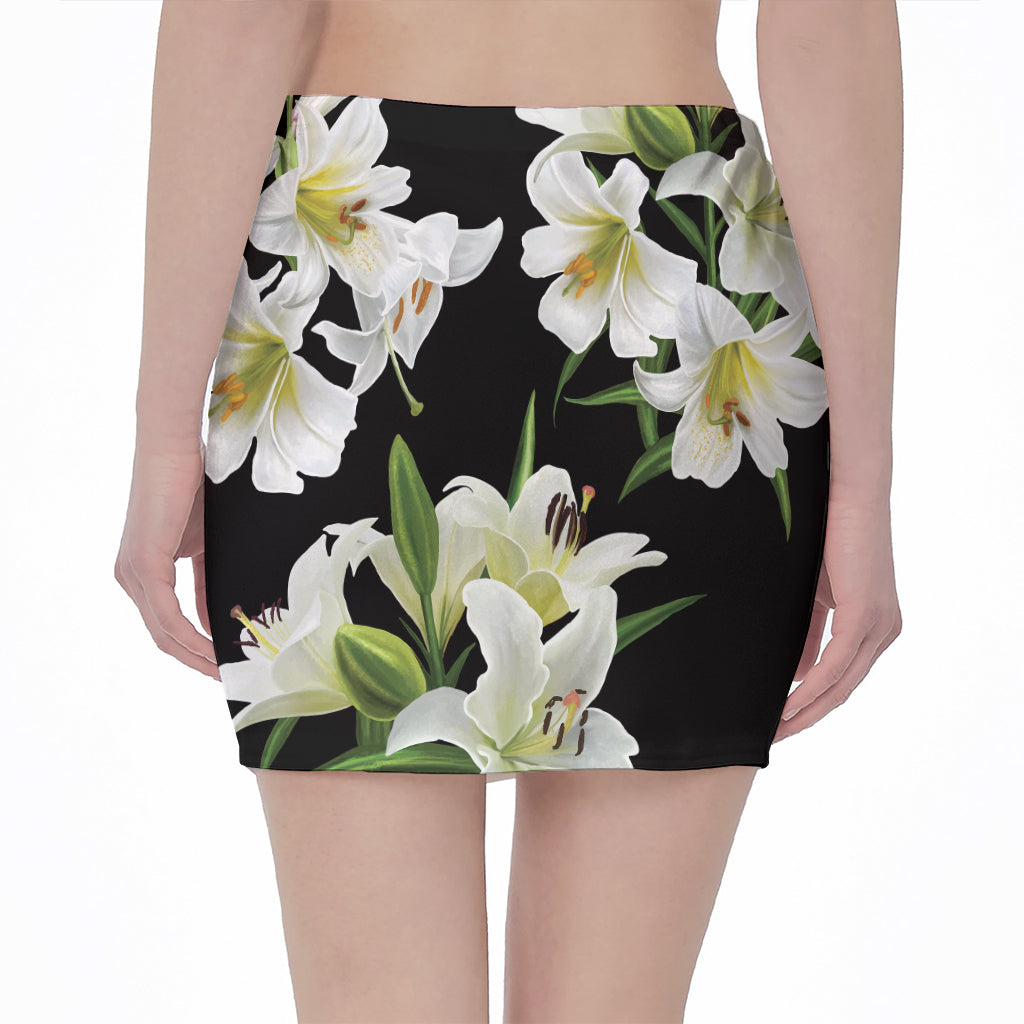 White Lily Print Pencil Mini Skirt