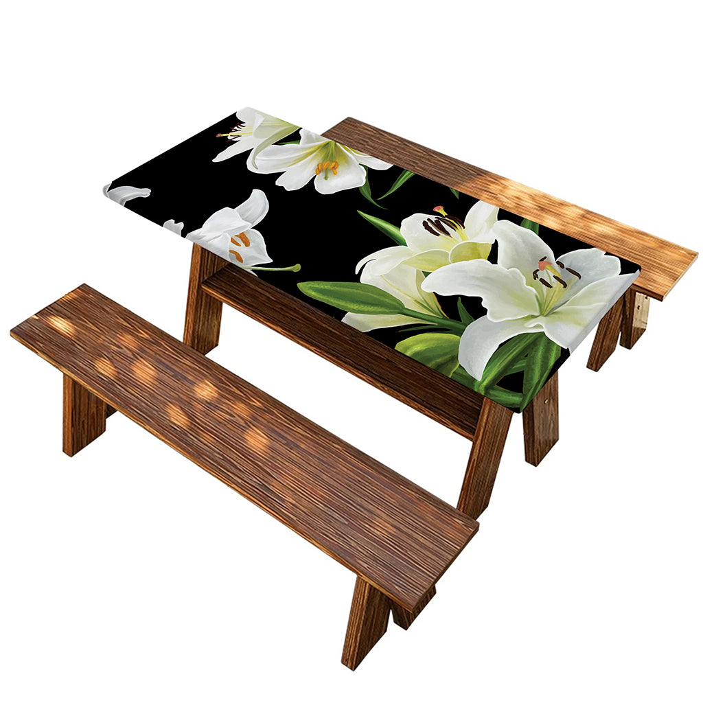 White Lily Print Picnic Table Cover