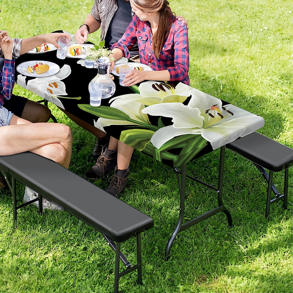 White Lily Print Picnic Table Cover