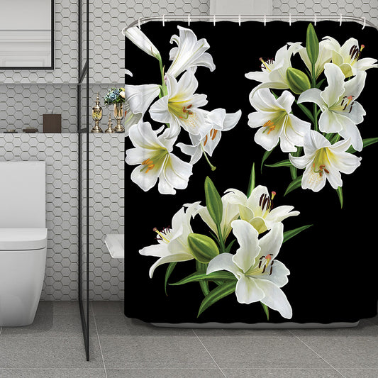 White Lily Print Polyester Shower Curtain
