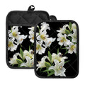 White Lily Print Pot Holders With Pocket