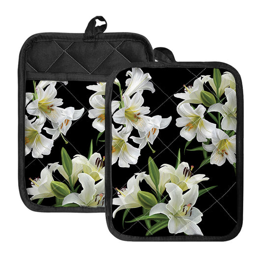 White Lily Print Pot Holders With Pocket
