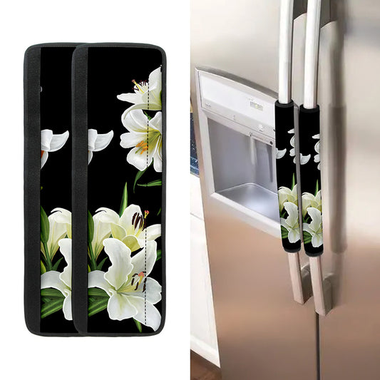White Lily Print Refrigerator Handle Covers