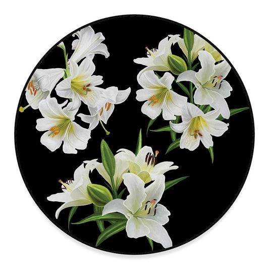 White Lily Print Round Floor Mat