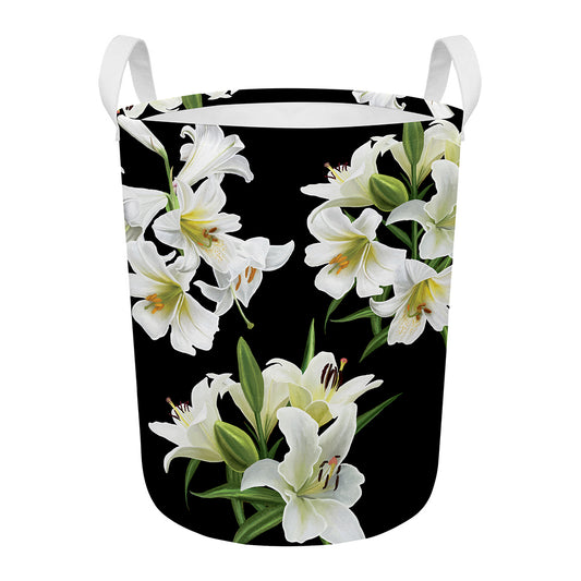 White Lily Print Round Laundry Basket