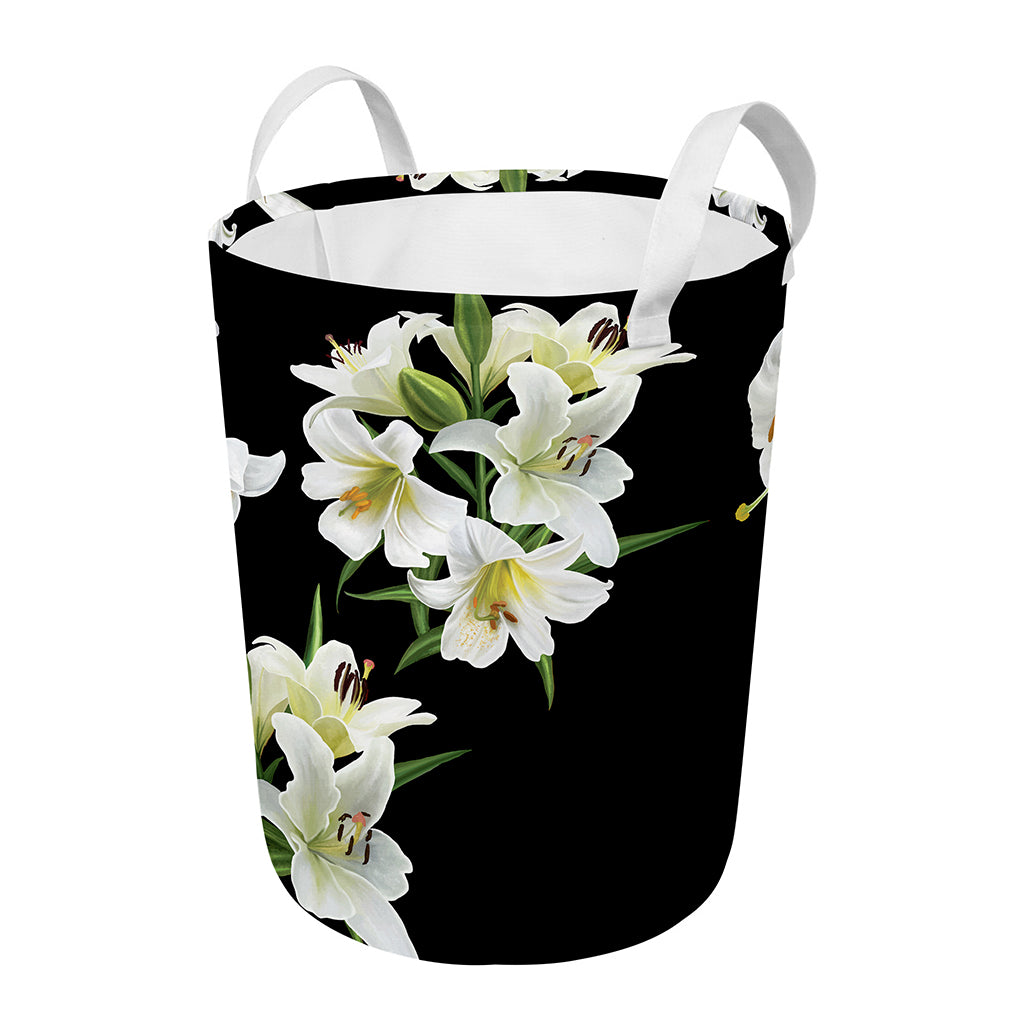 White Lily Print Round Laundry Basket