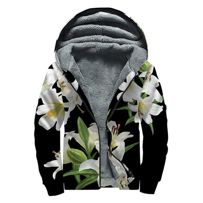 White Lily Print Sherpa Lined Zip Up Hoodie