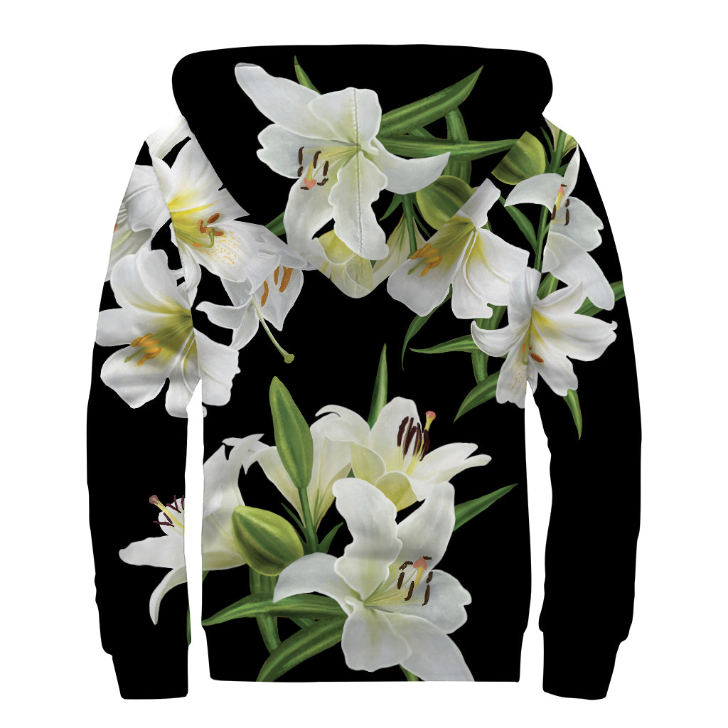 White Lily Print Sherpa Lined Zip Up Hoodie