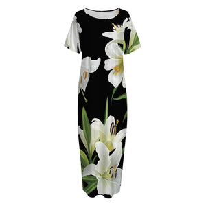 White Lily Print Short Sleeve Long Nightdress