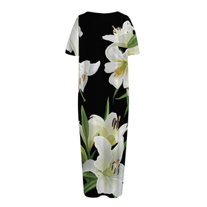 White Lily Print Short Sleeve Long Nightdress