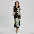 White Lily Print Short Sleeve Maxi Dress