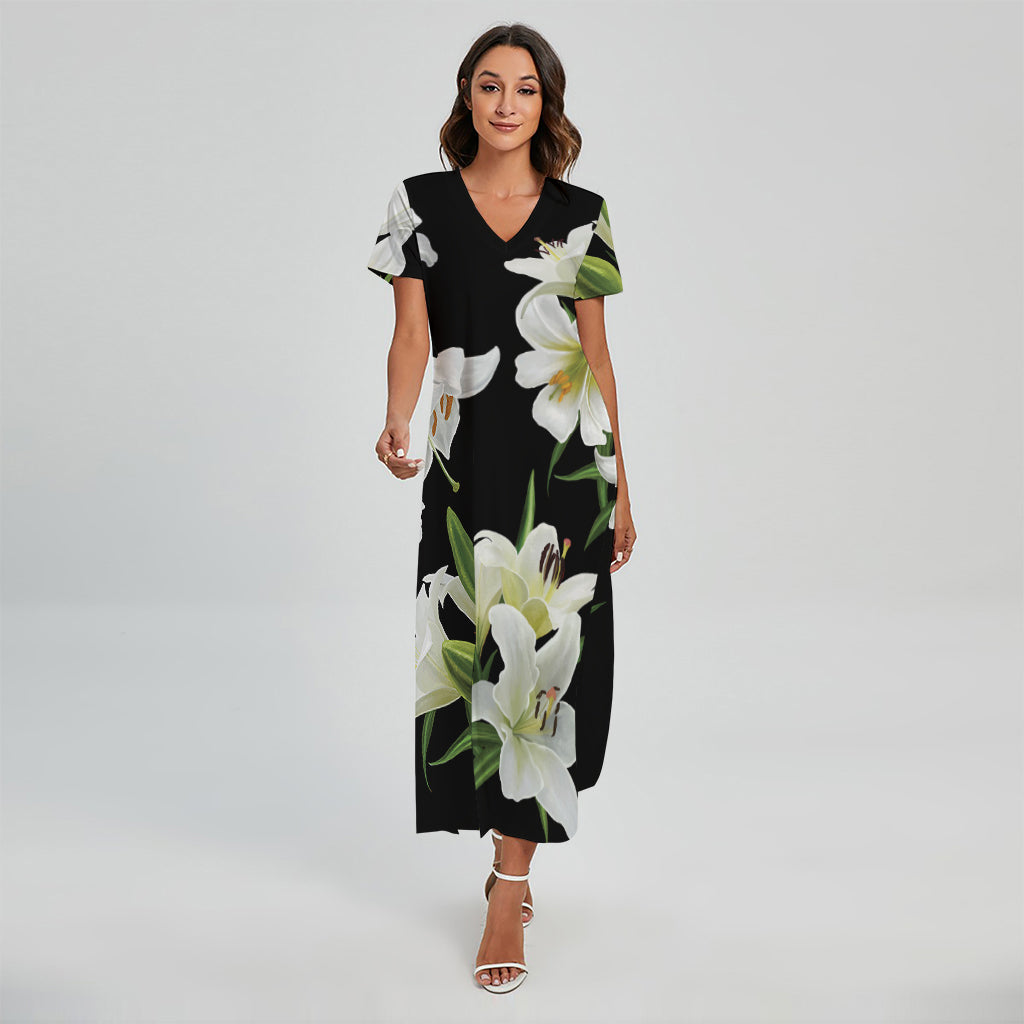 White Lily Print Short Sleeve Maxi Dress