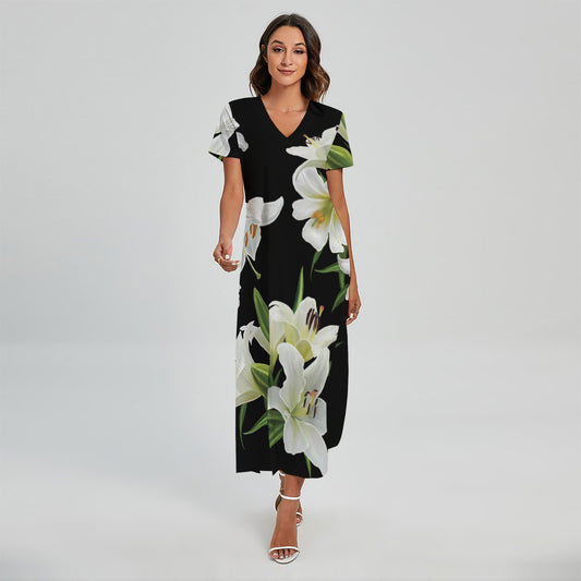 White Lily Print Short Sleeve Maxi Dress