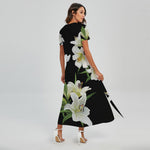 White Lily Print Short Sleeve Maxi Dress