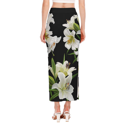 White Lily Print Side Slit Maxi Skirt