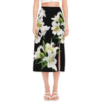 White Lily Print Side Slit Midi Skirt