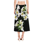 White Lily Print Side Slit Midi Skirt