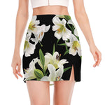 White Lily Print Side Slit Mini Skirt