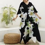 White Lily Print Silk V-Neck Kaftan Dress