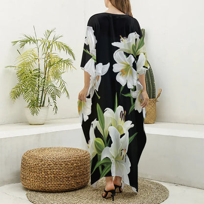 White Lily Print Silk V-Neck Kaftan Dress