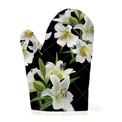 White Lily Print Single Oven Mitt